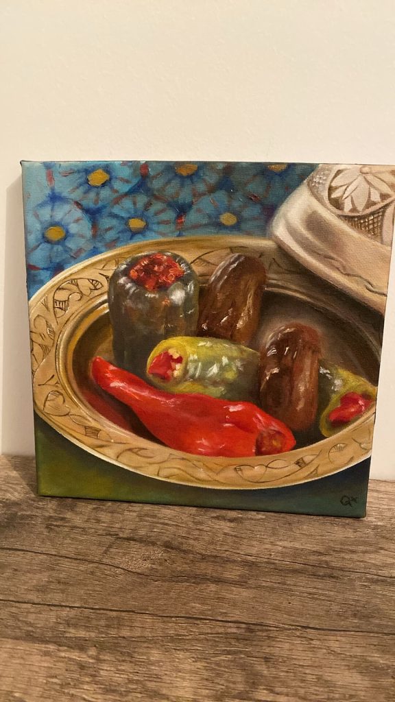 assiette peinte doree poivrons