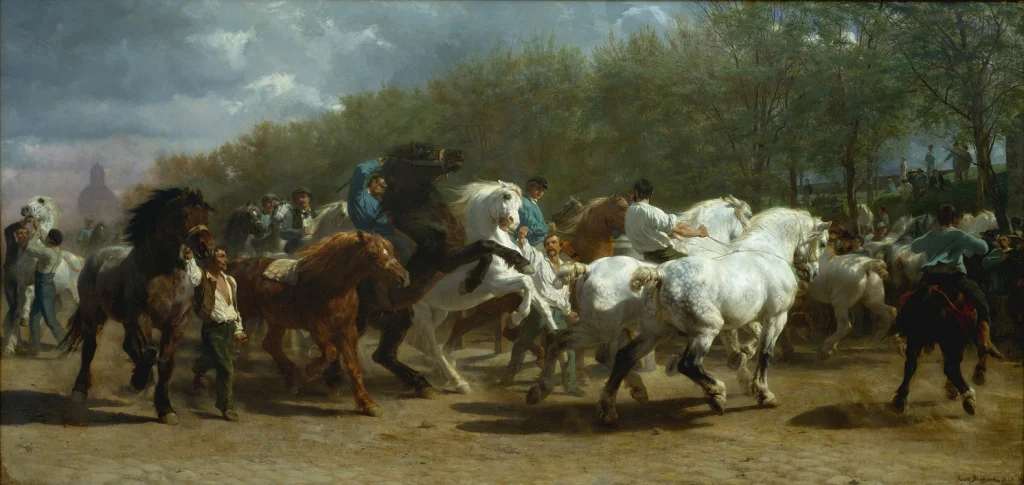 toile peinte rosa bonheur marché chevaux