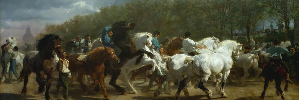 toile peinte rosa bonheur marché chevaux