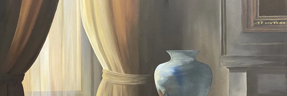 Toile peinte réaliste avec vase et fenêtre