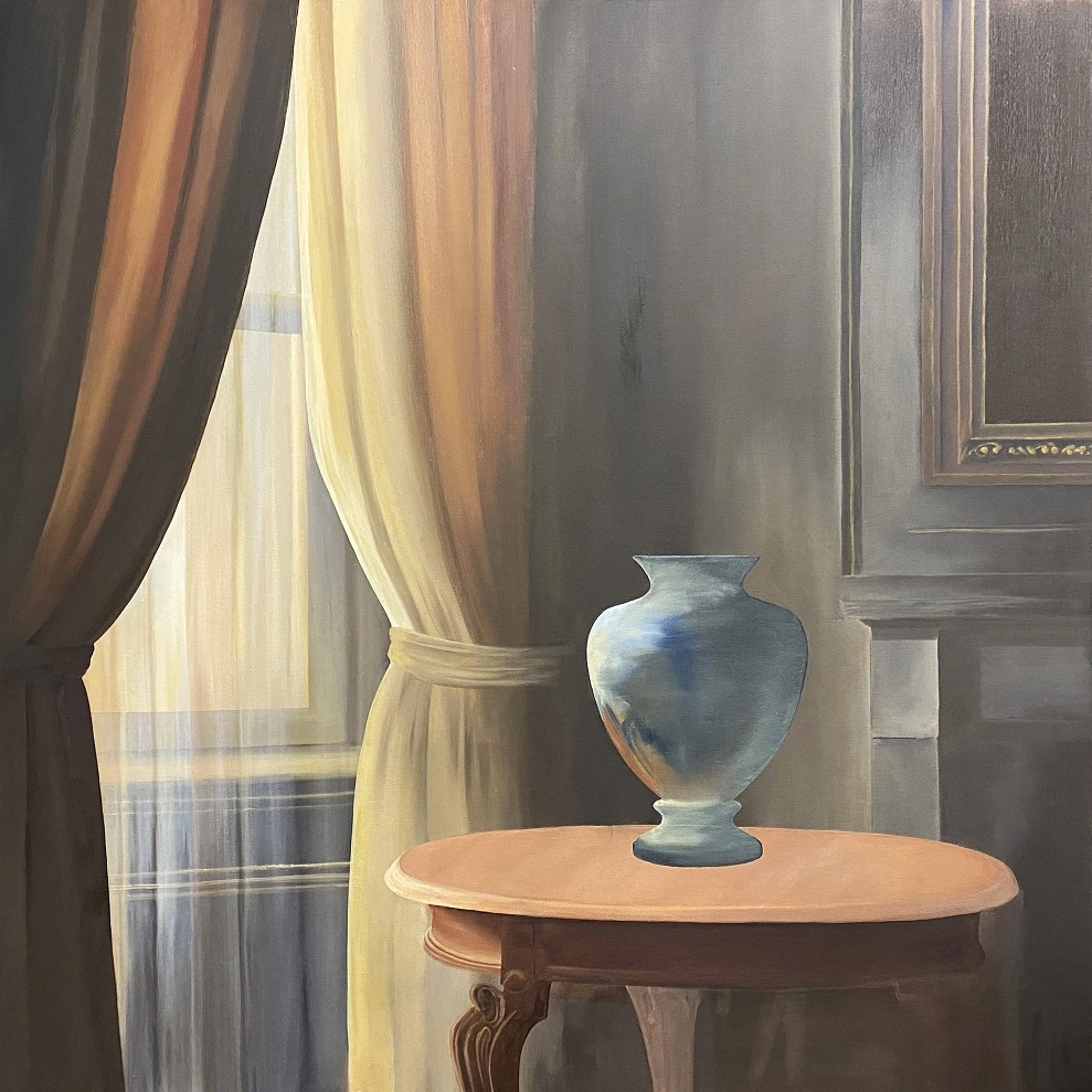 Toile peinte réaliste avec vase et fenêtre