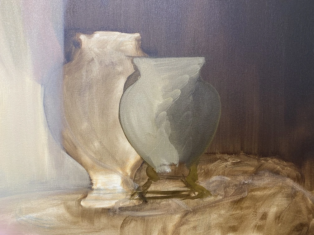 Deux vases superposés lors d’une étape de recherche en peinture à l’huile