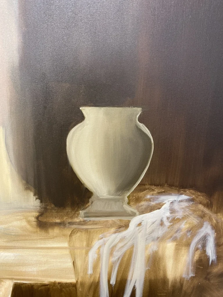 Vase effacé et second vase en test dans un tableau en peinture à l’huile